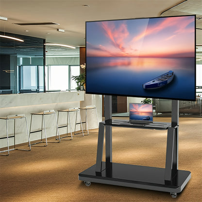 Mobiele TV-standaard – Verrijdbare TV-wagen – Verstelbare TV-houder – Mobiele TV-kar – TV-trolley Zwart – Verstelbare hoogte tot 175 cm – Stevige metalen constructie tot 80 kg
