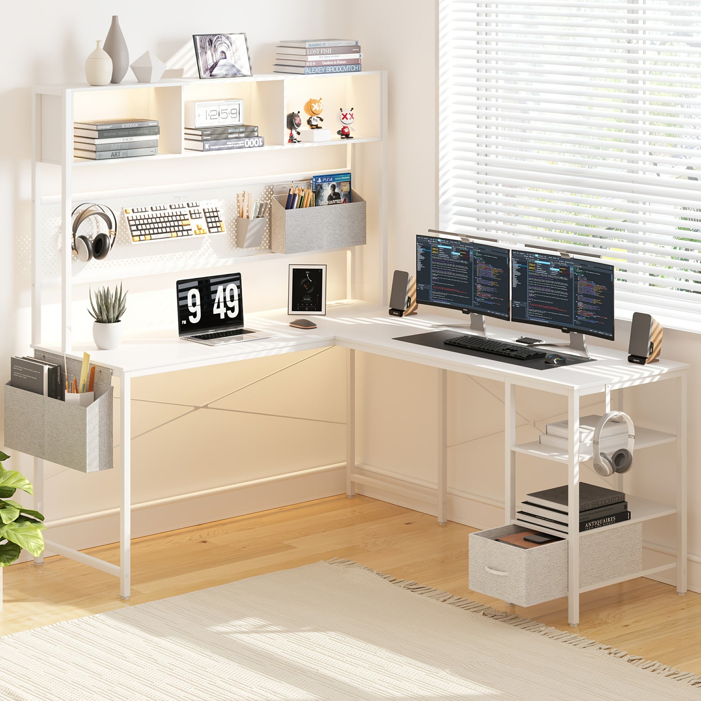 L-vormig bureau – Computerbureau – Werktafel – Gaming bureau – Studiebureau – Wit – 170 cm breed – Stevig legeringsstaal met opberglades