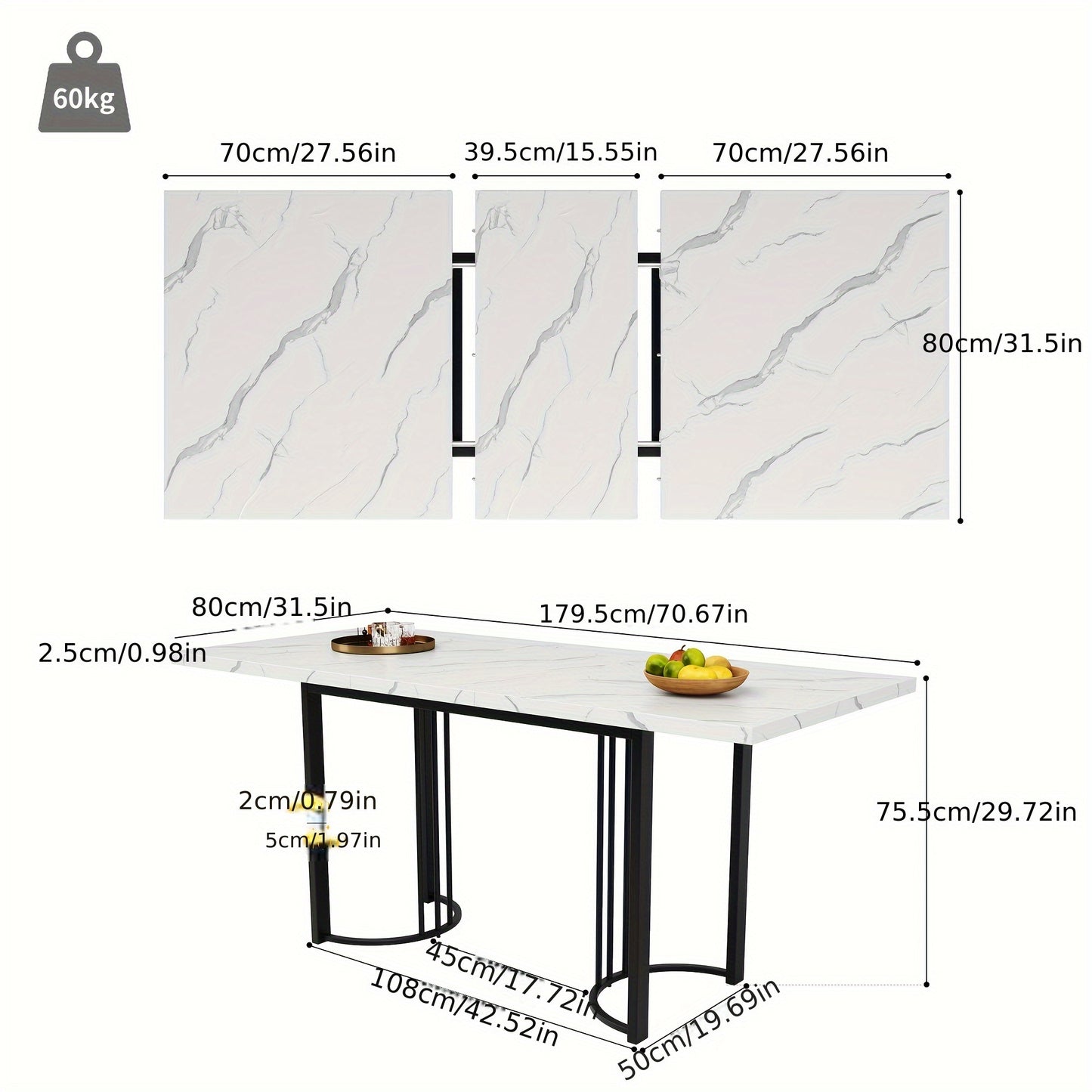 Uitklapbare Eettafel – Uitschuifbare Tafel – Klaptafel – Keukentafel – Dinning Table – 140-179,5x80 cm – Metalen Frame – Wit/Zwart – Ruimtebesparend – Rechthoekig