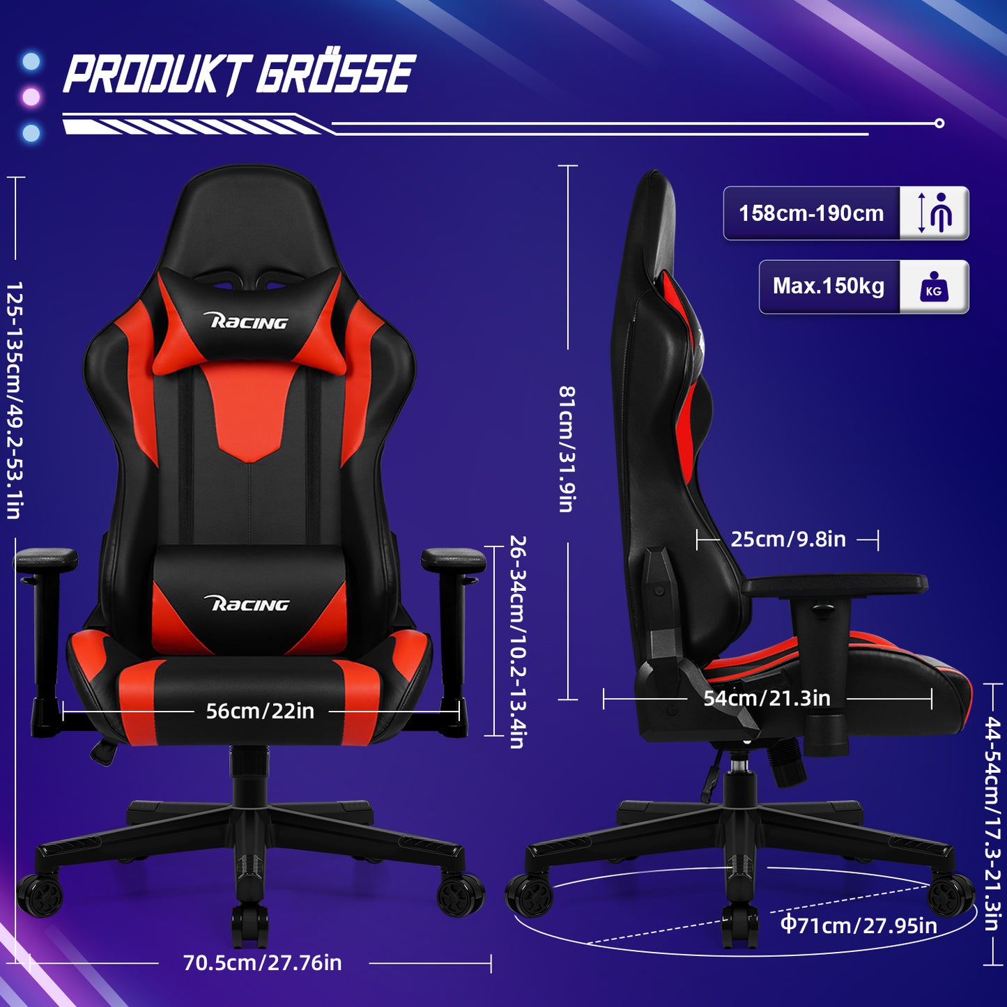 Gamingstoel – Bureaustoel – Gamestoel – Werkstoel – Draaistoel – Ergonomisch Design – Verstelbare Rugleuning Tot 170° – Zwart-Wit PU Leder