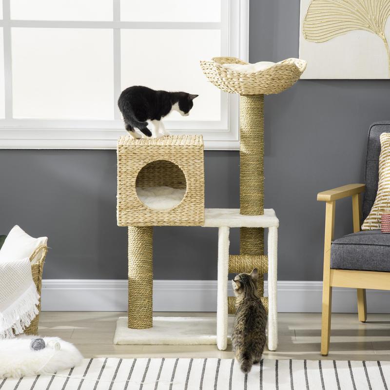 Scratching Post with Cat House, Sisal Scratching Columns, Washable Cushions, 100.5H x 57L x 37B cm, White/ Natural, Feline Enrichment, Pet Scratching Post, Stylish Cat Tree, Minimalist Design, Sturdy Frame, Sisal Rope Constru