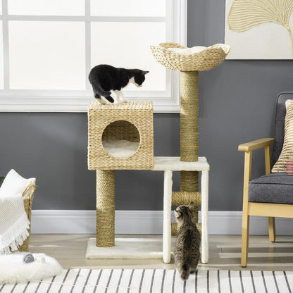 Scratching Post with Cat House, Sisal Scratching Columns, Washable Cushions, 100.5H x 57L x 37B cm, White/ Natural, Feline Enrichment, Pet Scratching Post, Stylish Cat Tree, Minimalist Design, Sturdy Frame, Sisal Rope Constru