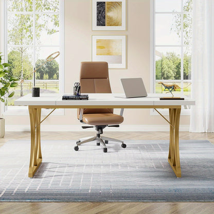 Bureau – Computertafel – Werktafel – Kantoortafel – Eettafel – Wit Met Gouden Metalen Frame – 159x79x78 cm – Stevig E1 Vezelplaatblad