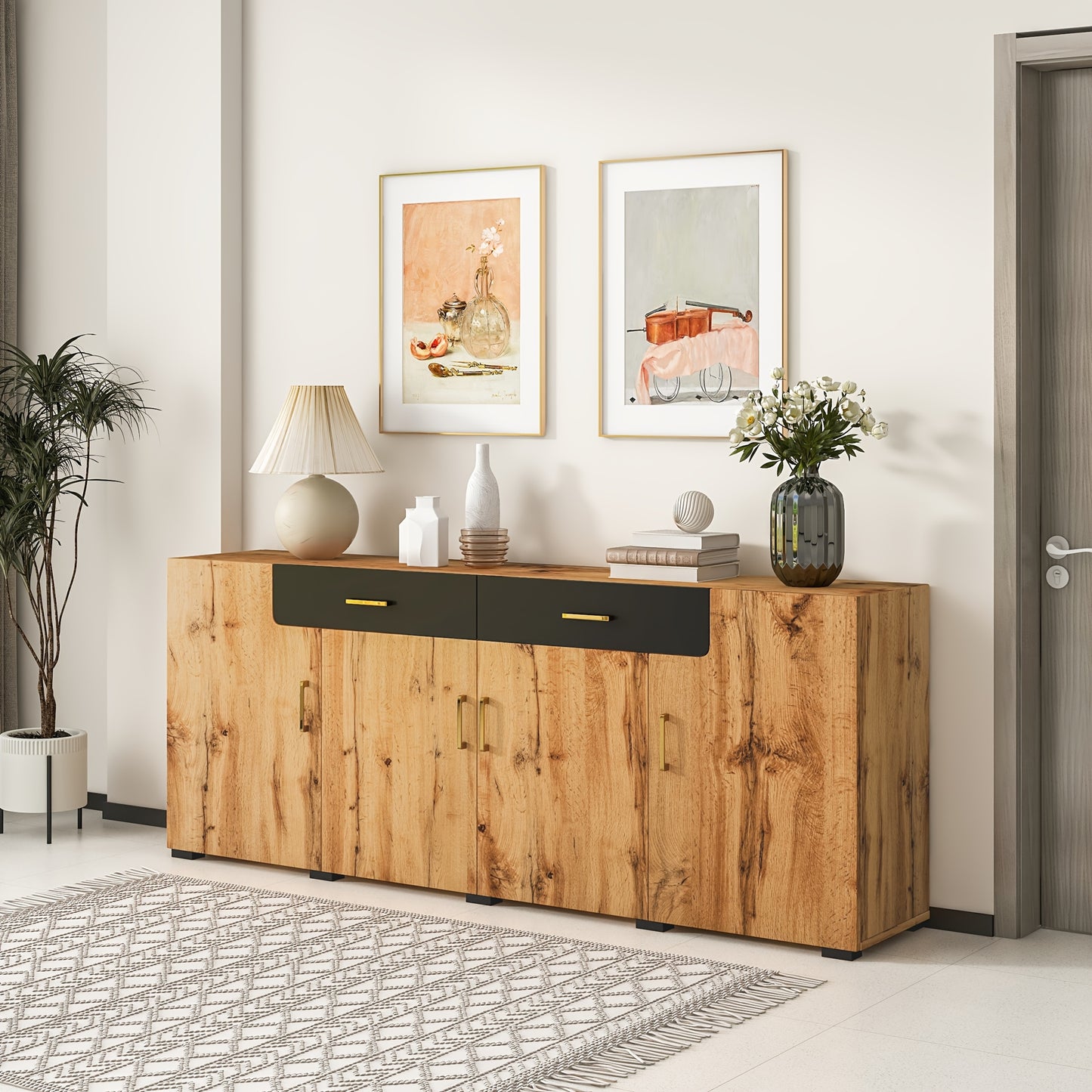 Dressoir – Opbergkast – Ladekast – Buffetkast – Kast – Hout – 208x39,5x80 cm – 4 Deuren en 2 Laden – Open Buffetgedeelte