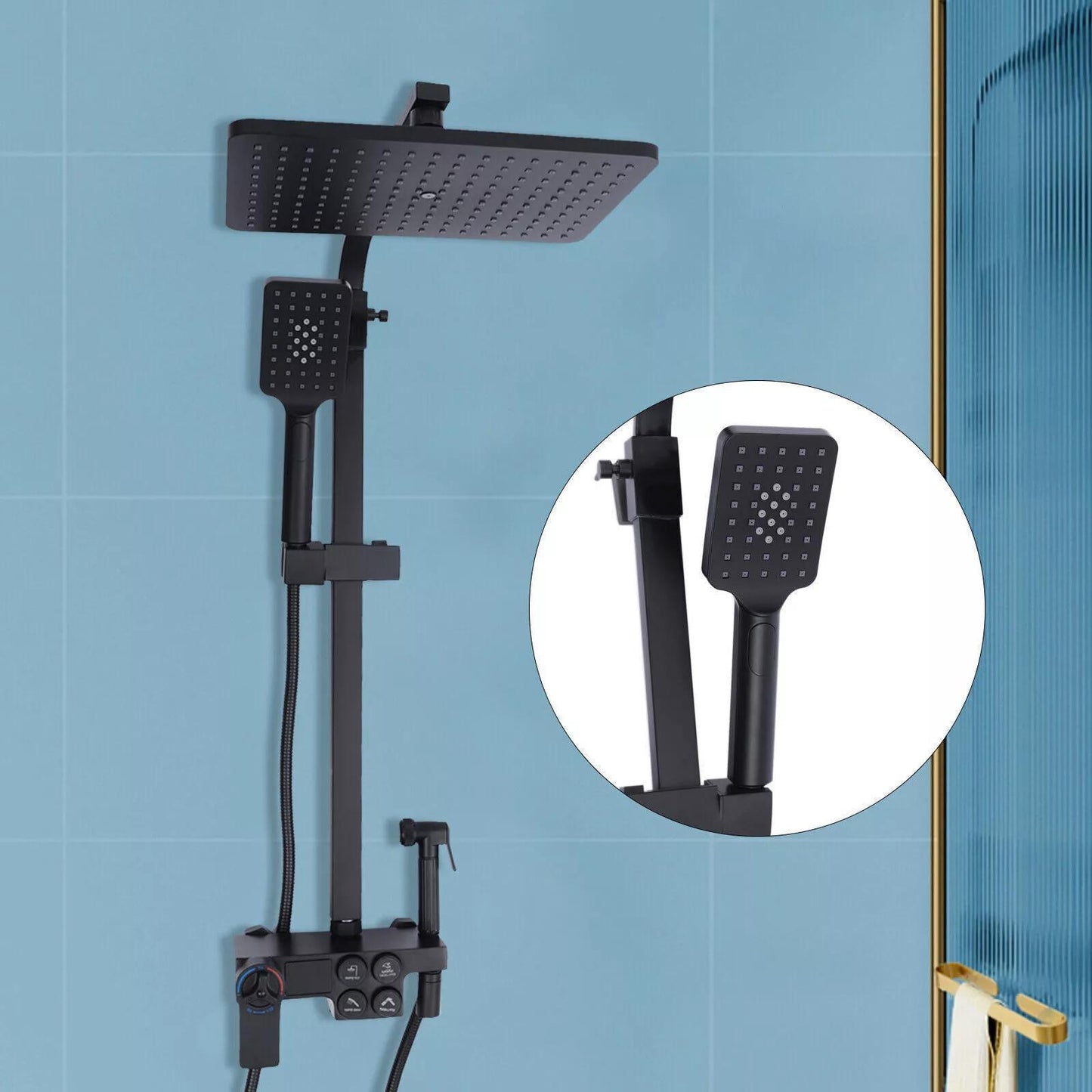 Doucheset – Regendouche – Douchepaneel – Douchekraan – Handdouche – Thermostatisch – Mat Zwart – Messing En RVS – Verstelbare Hoogte 80-120 cm