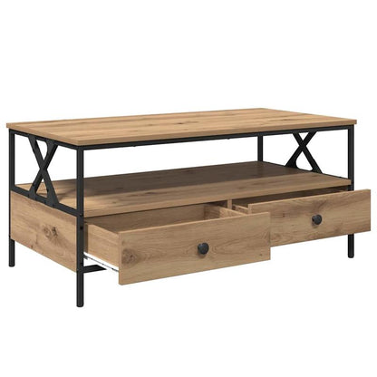 Salontafel – Koffietafel – Woonkamertafel – Bijzettafel – Tafel – Rechthoekig Design – Eikenhout & Zwart Metaal – 100x51x45 cm – Met Onderplaat