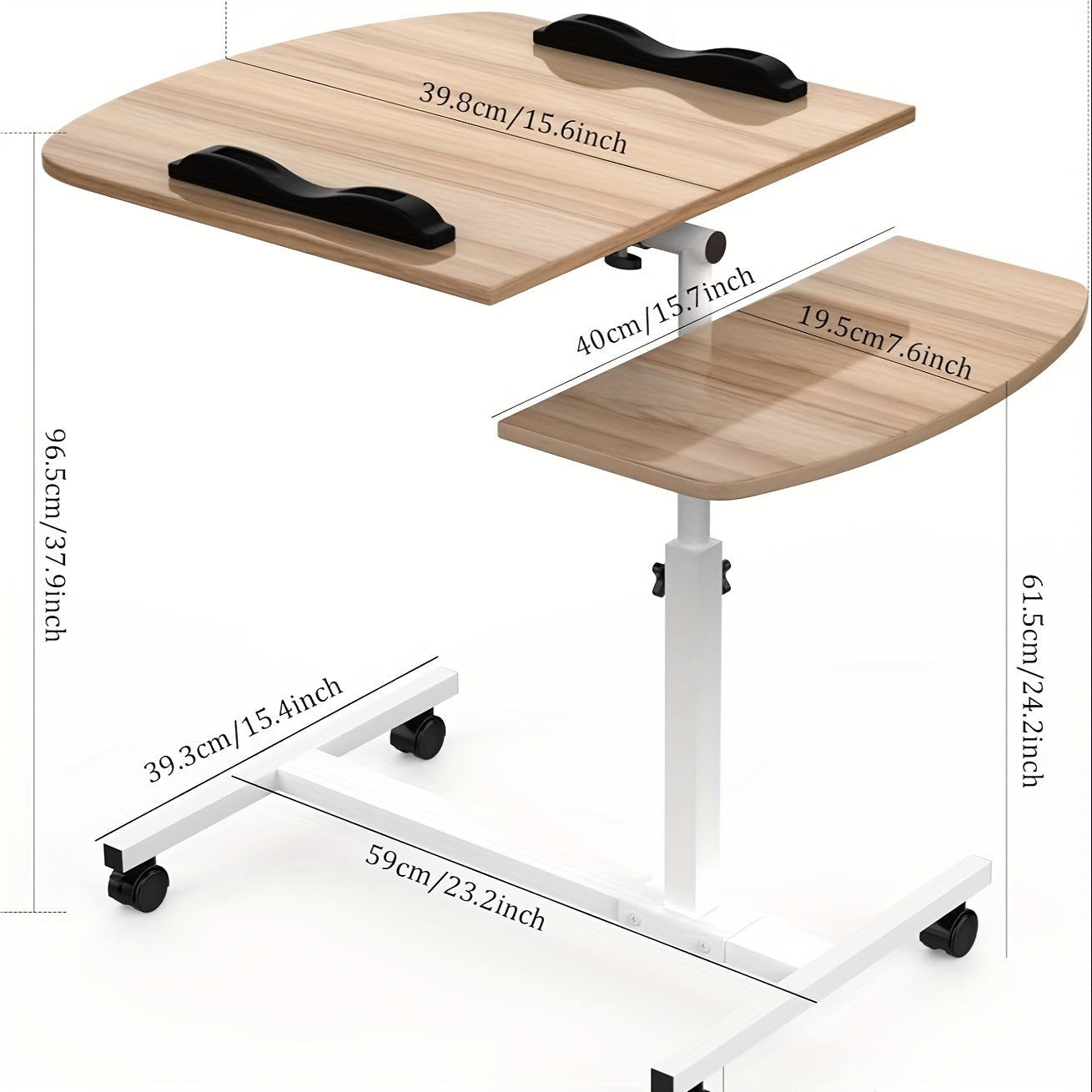 Laptoptafel – Bedtafel – Schootbureau – Werktafel – Bijzettafel – Verstelbaar tot 96,5 cm – Mobiel met Vergrendelbare Wieltjes