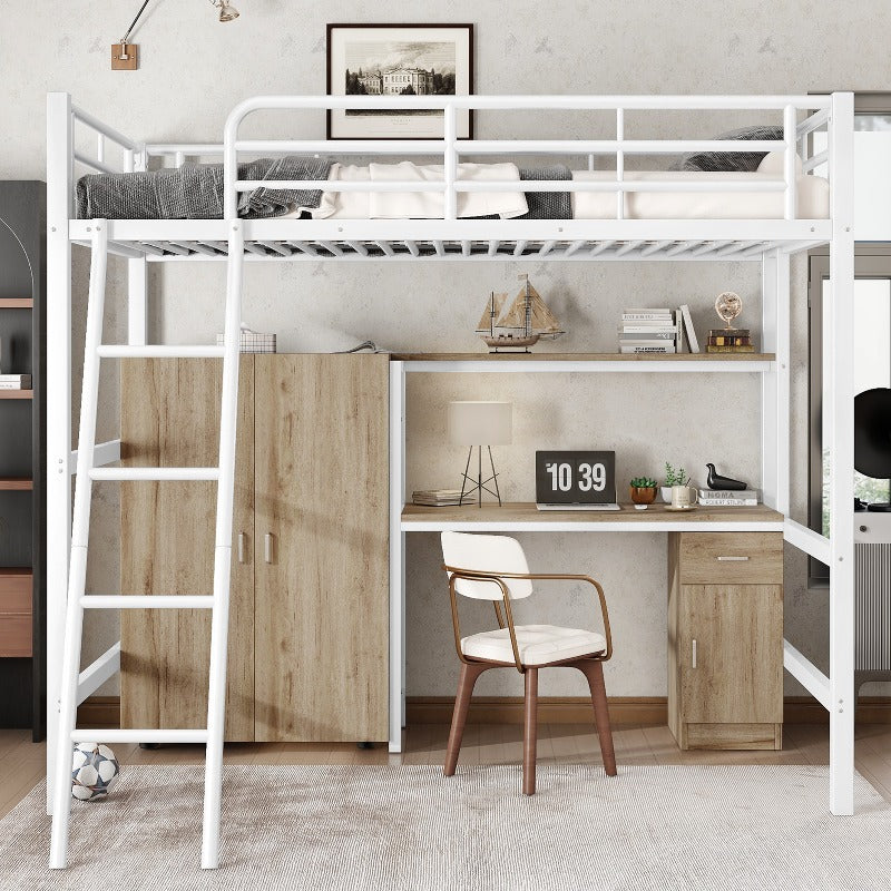 Stapelbed – Halfhoogslaper – Hoogslaper – Kinderbed – Bunkbed – Met Ingebouwde Tafel & Kast – Ruimtebesparend Twin-Over-Twin Ontwerp – Veiligheidsrail & 4-Stappen Ladder – 90x200 cm