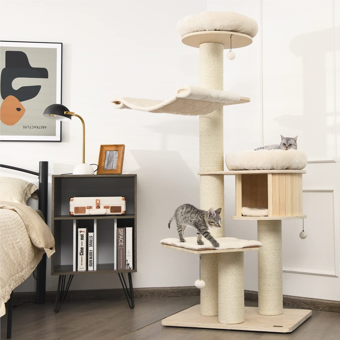 Krabpaal – Krabboom – Klimmeubel – Kattenmeubel – Krabton – 5-Lagen Hout – Inclusief Hangmat & Kattenhol – 174 cm Hoog – Sisal Krabpalen – Beige