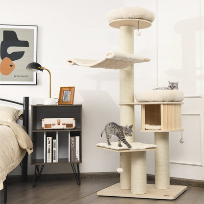 Krabpaal – Krabboom – Klimmeubel – Kattenmeubel – Krabton – 5-Lagen Hout – Inclusief Hangmat & Kattenhol – 174 cm Hoog – Sisal Krabpalen – Beige
