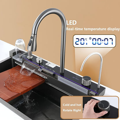 Keukenkraan – Keukenspoelbak – Mengkraan – Spoelbak – Kraan – RVS – Digitale Watervalkraan – Uittrekbare 360° Uitloop – 75x45x21 cm – Slim Afvoersysteem