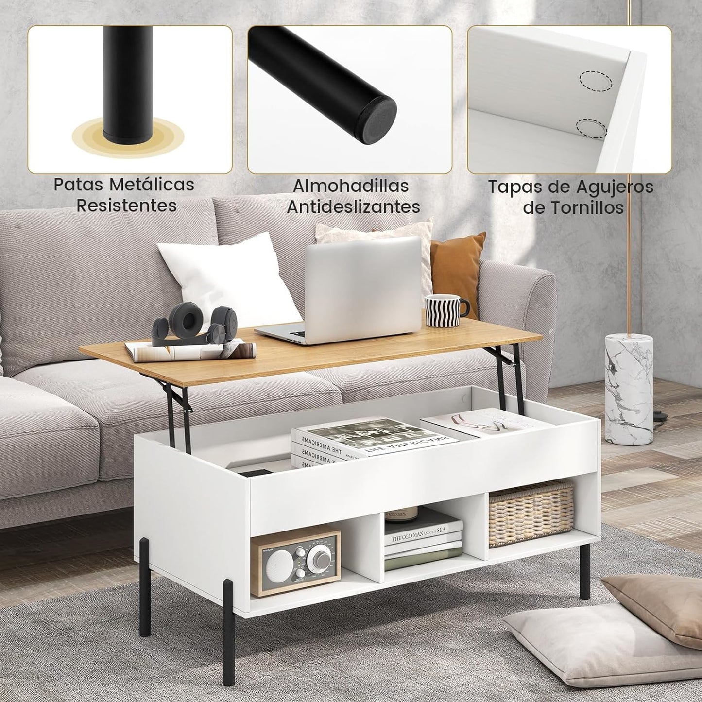 Verhoogde Salontafel – Bijzettafel – Koffietafel – Opbergtafel – Laptoptafel – Met Verstelbaar Hefblad – Verborgen Opbergvak – Houtfineer Natuurlijke Kleur