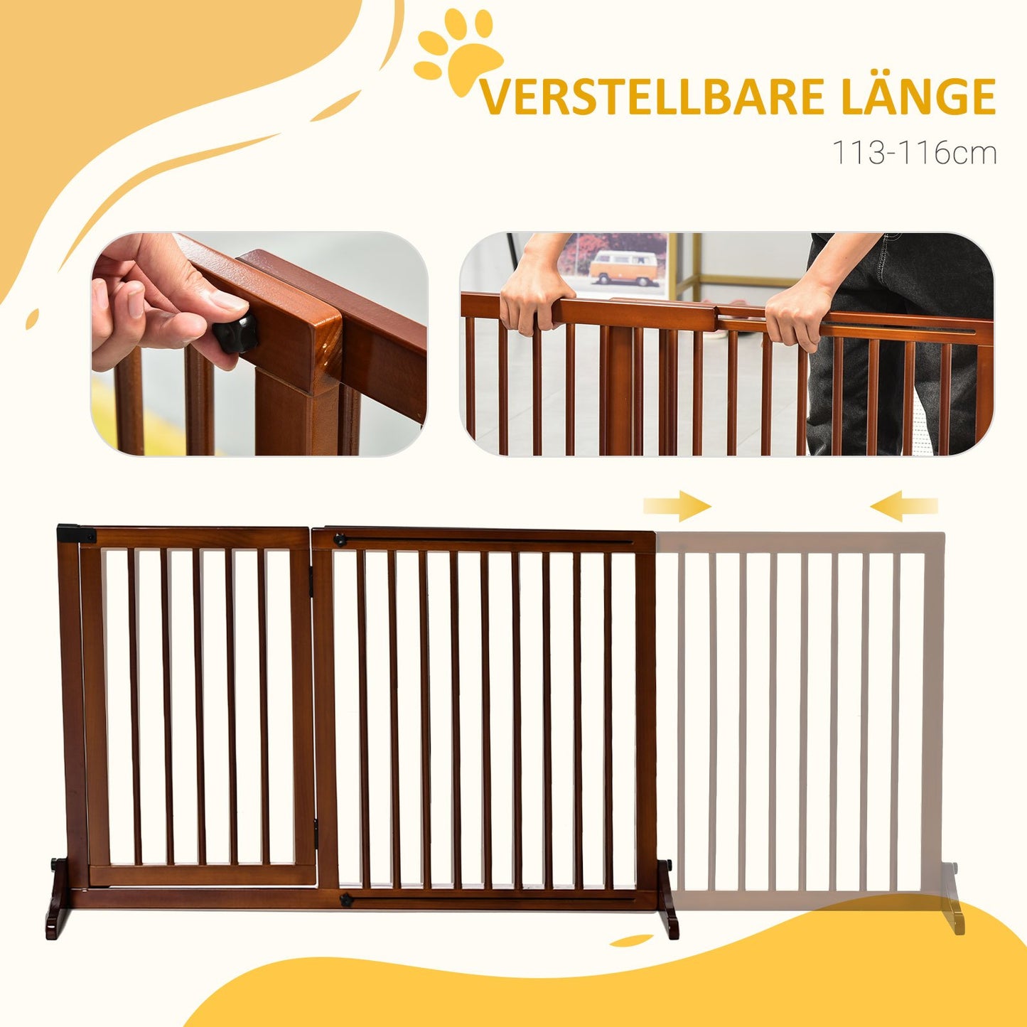 Hondenhek – Hondenbarrière – Veiligheidshekje – Huisdierscheiding – Traphekje – Houten Vrijstaand – Verstelbaar 113-166 cm – Inklapbare Deur