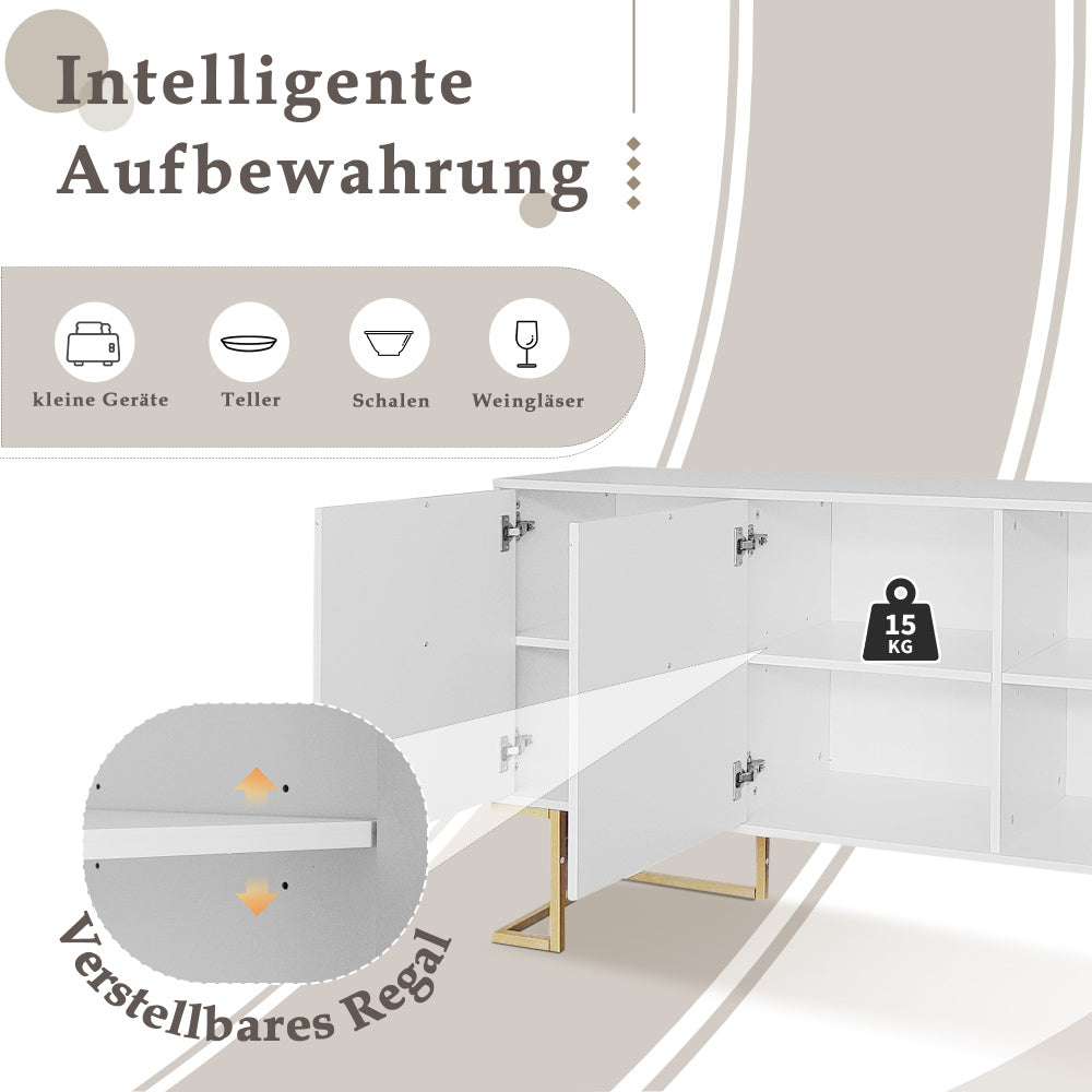 Dressoir – Opbergkast – Buffettafel – Kast – Ladekast – Modern Design – 3 Deuren Met Verstelbare Planken – Witte Afwerking Met Gouden Basis