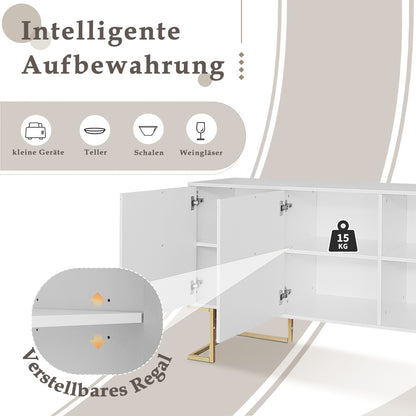 Dressoir – Opbergkast – Buffettafel – Kast – Ladekast – Modern Design – 3 Deuren Met Verstelbare Planken – Witte Afwerking Met Gouden Basis