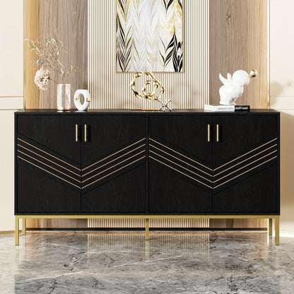 Dressoir – Sideboard – Buffetkast – Opbergkast – Kast – Modern Zwart & Goud – MDF Metalen Poten – 4 Deuren Met Verstelbare Legplanken