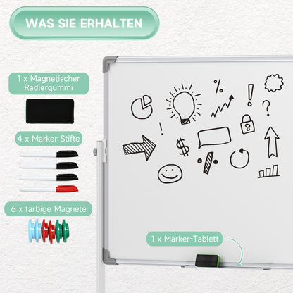 Magnetisch Whiteboard – Whiteboard Bord – Schrijfbord – Presentatiebord – Mobiel Whiteboard – 120 x 90 cm – Draaibaar Met Metalen Frame – Inclusief Marker En Wisser