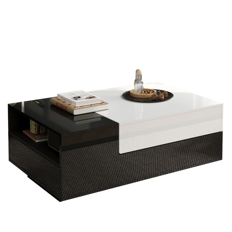 Salontafel – Koffietafel – Woonkamertafel – Dressoirtafel – Bijzettafel – Hoogglans Spaanplaat – Grote Opberglade Met Schuifplaat – Geometrisch Zwart-Wit Design
