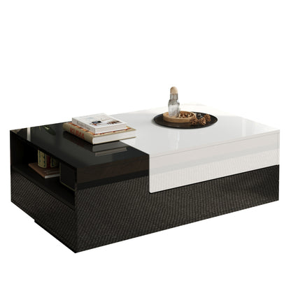 Salontafel – Koffietafel – Woonkamertafel – Dressoirtafel – Bijzettafel – Hoogglans Spaanplaat – Grote Opberglade Met Schuifplaat – Geometrisch Zwart-Wit Design