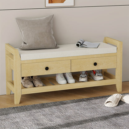 Schoenbank – Schoenopberger – Halbank – Schoenenrek – Opbergbank – Bamboe – Zacht Gewatteerd Zitkussen – Compact Formaat Onder 68,5 cm Hoog