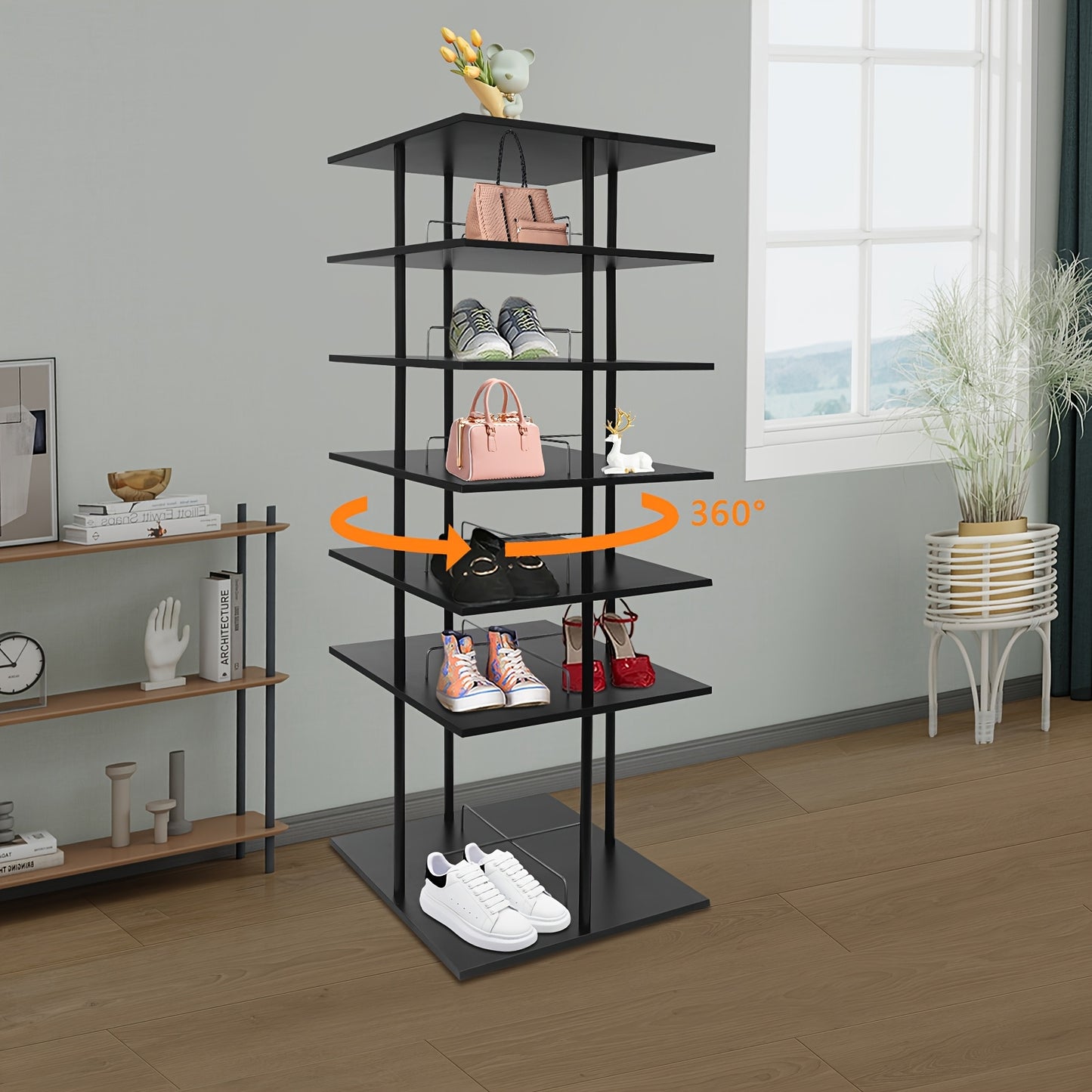 Schoenenrek – Schoenenkast – Schoenenopberger – Schoenenrek Hout – Schoenenrek Metaal – 6 Lagen – 360° Draaibaar – 57x57x155 cm – Zwart