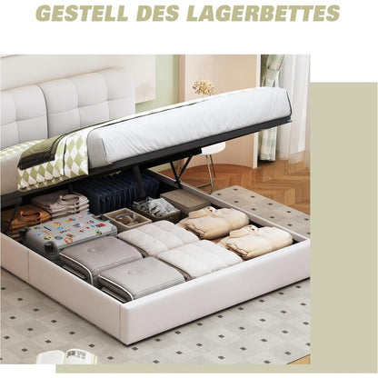 YCZ Storage Bed, Bed Frame with Slats, LED Double Bed, Bed Frame, Headboard, Velvet Fabric, Modern Style, Beige And White (Beige And White)