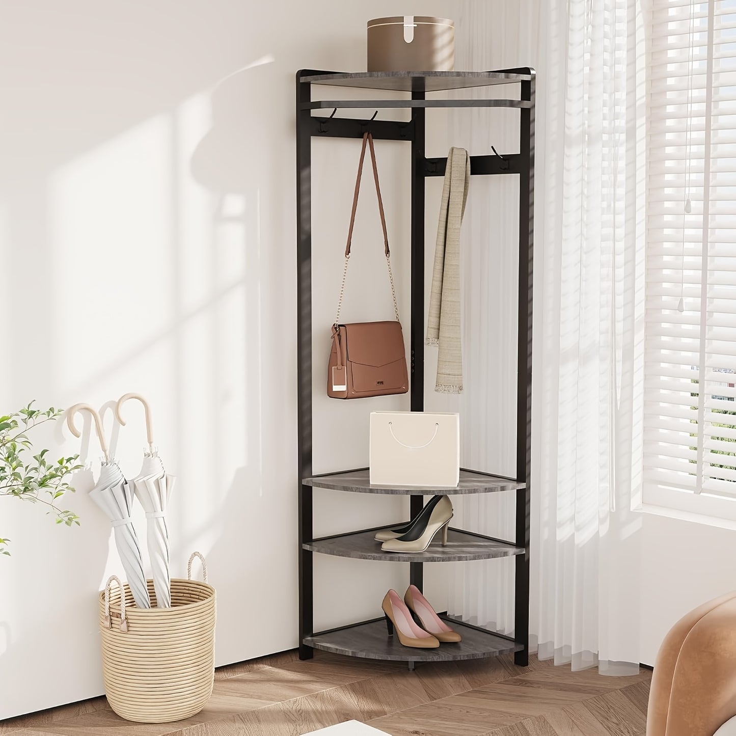 Kapstok – Kapstokhaak – Wandkapstok – Staande Kapstok – Hoekkapstok – 3-in-1 Schoenenbank & Parapluhouder – Metaal – 180 cm Hoog – Grijs