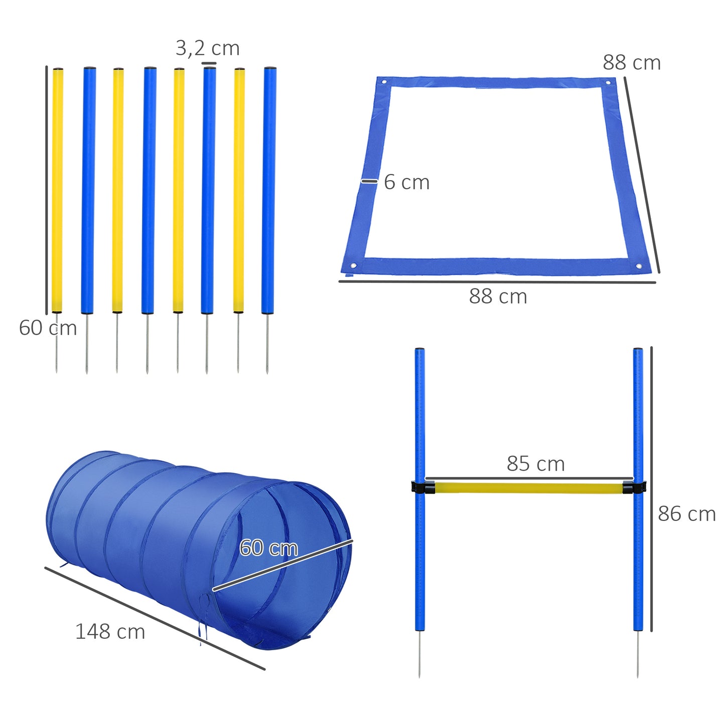 Agility Set Hond – Behendigheidstraining – Hindernissen – Slalomstok – Tunnel – Blauw-Geel – Verstelbare Spronghoogte – Lichtgewicht PE en Polyester