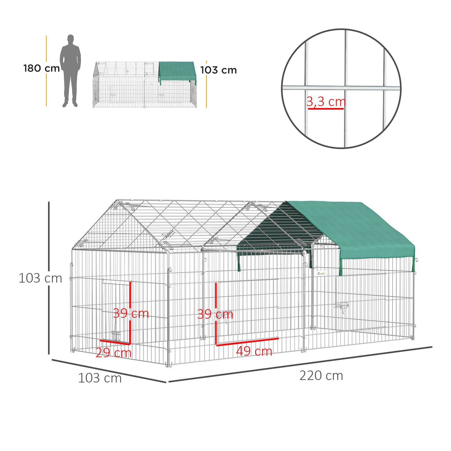 Dierenkooi – Kleine Dierenkooi – Dierenren – Konijnenkooi – Buitenren – Gegalvaniseerd Metaal – 220x103x103 cm – Inclusief 4 Grondpennen