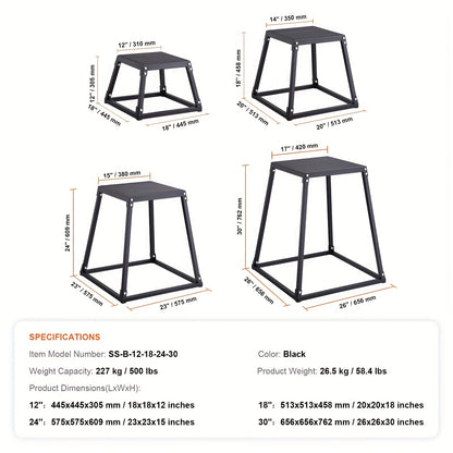 Plyobox – Plyometrische Jump Box – Fitness Box – Springbox – Trainingsbox – Stalen Set 30,48-76,2 cm – Antislip Oppervlak – Duurzaam & Stevig