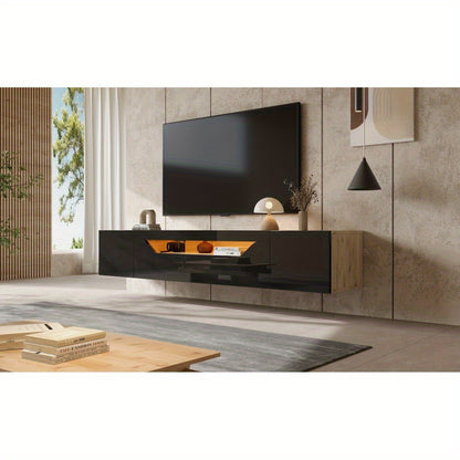 Modern TV Stand for 75-Inch TVs - Heavy-Duty Metal Entertainment Center with 3 Storage Compartments, Floating Wall Cabinet, Space-Saving Low Profile Design, Easy Assembly, for Living Room, Home Theater - Black & Natural Wood
