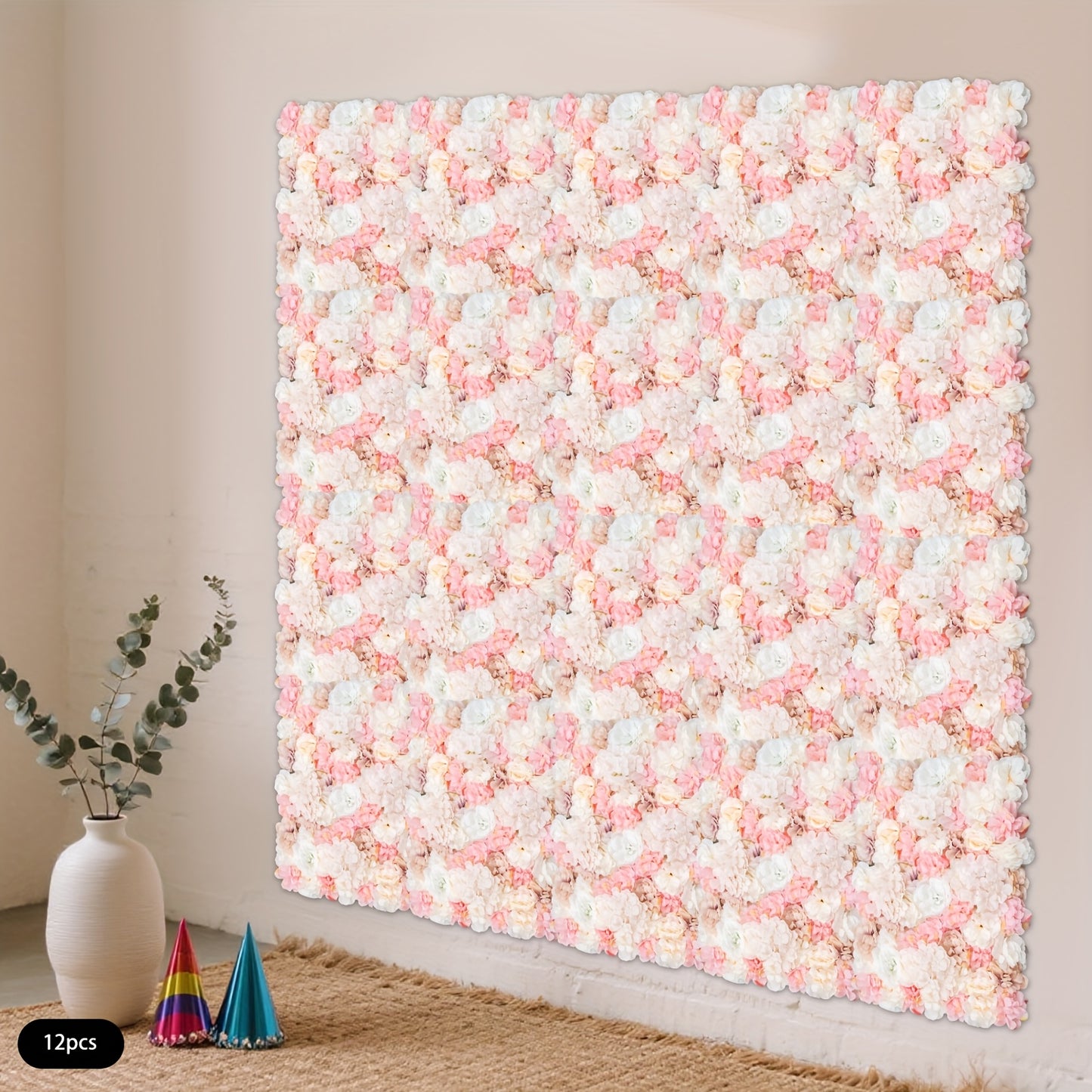 Nep bloemen muurdecoratie – Kunstbloemen wanddecoratie – Bloemenwand panelen – Decoratieve rozen – Kunstbloemen wandpanelen – Set van 12 panelen – Hoogwaardige kunststof en stof – Geschikt voor binnen en buitengebruik
