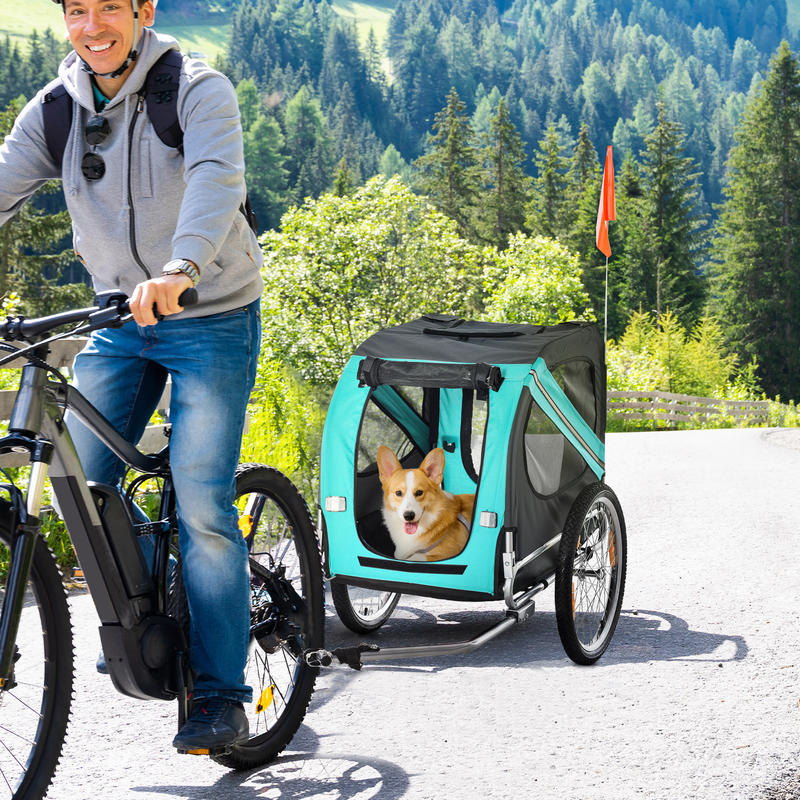 Heavy-Duty Foldable Dog Bike Trailer for & - 20kg Capacity (44 lbs) All-Terrain with Cover, Large, Barrier & Bike Attachment - Steel Frame (Grey/Green) Bike Trailer for Large Dogs