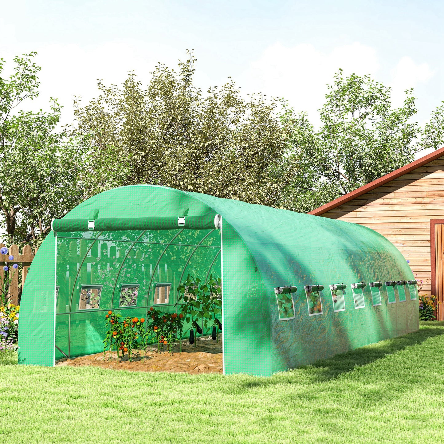 Tuinkas – Tuinserre – Kas – Groentetunnel – Tuinkas Tunnel Groen – 24 m² – 16 Ramen Met Muskietennet – Gegalvaniseerd Stalen Frame – PE Zeildoek Met UV-Bescherming