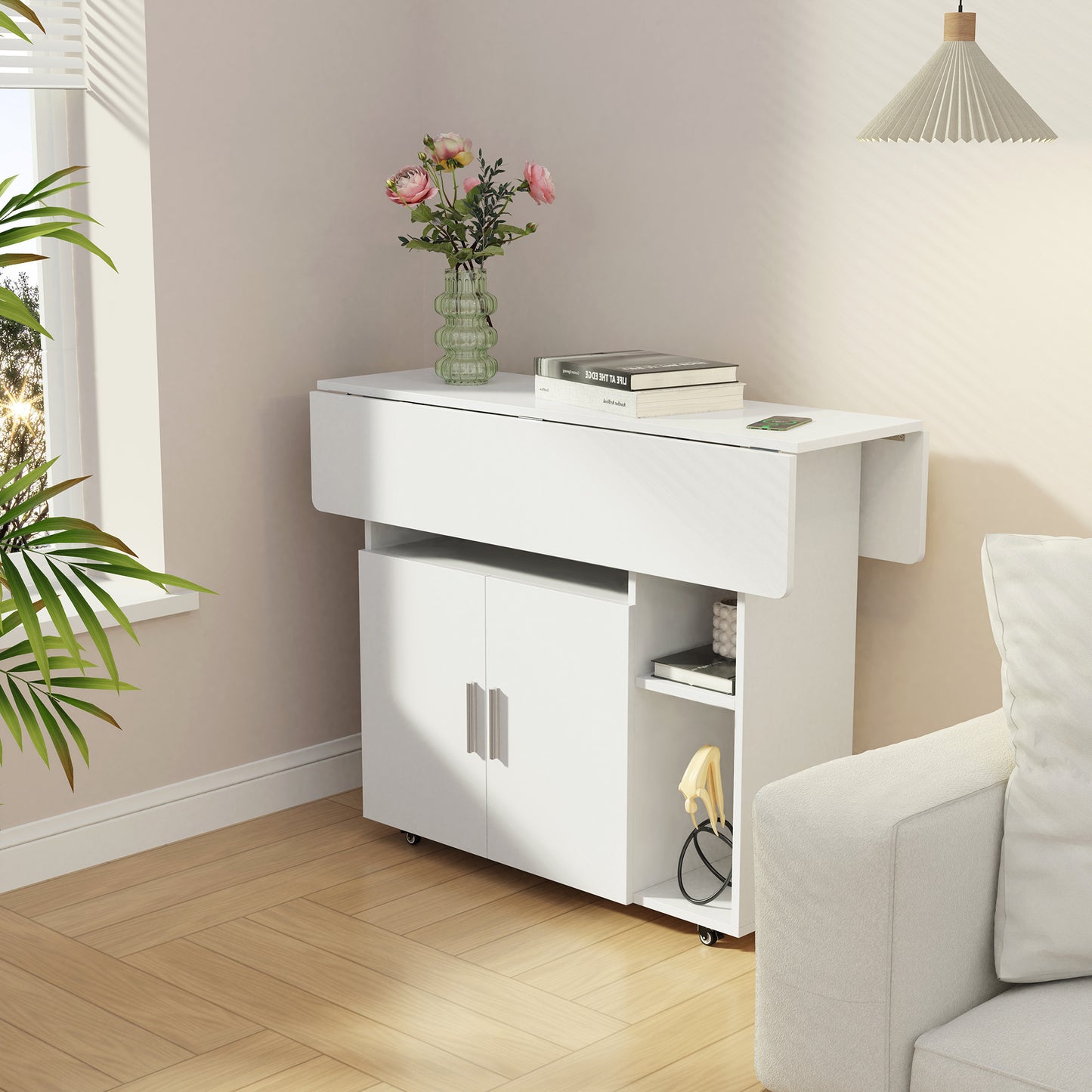 Keukentafel – Uitbreidbare Eettafel – Klaptafel – Bistrotafel – Mobiele Keukentafel – Ruimtebesparend Ontwerp – Hout Wit – Met Opbergruimte – 100x70x78 cm – 4 Blokkeerbare Wieltjes