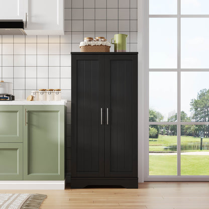 Large Modern Black Metal Freestanding Storage Cabinet with Double Doors & Adjustable Shelves - Heavy-Duty Floor-Standing Kitchen Pantry Cabinet with Door Racks, Spacious Organizer for Kitchen, Dining Room, Living Room - Easy