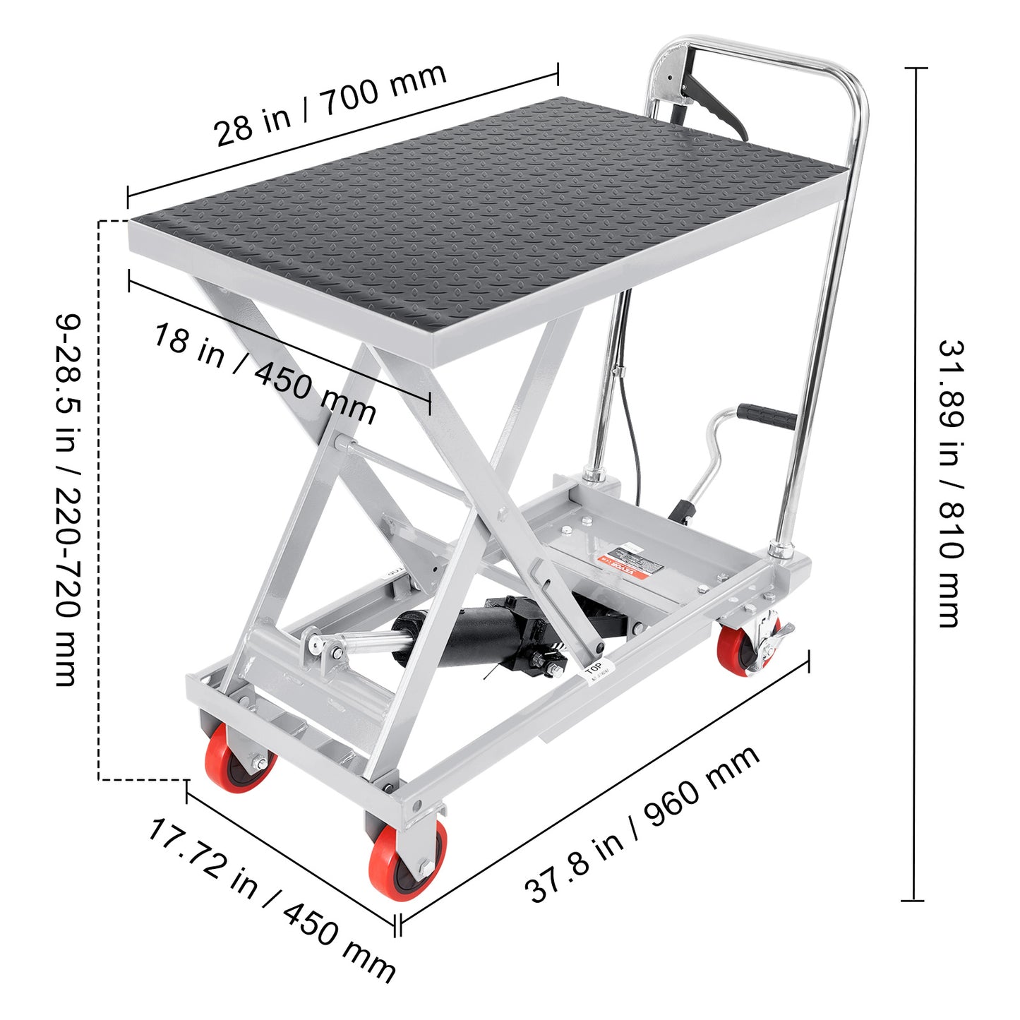 Hydraulische Hefwagen – Heftafel – Schaarlift – Liftwagen – Materialenwagen – Draagvermogen 225 kg – Max. Hefhoogte 72 cm – Grijs