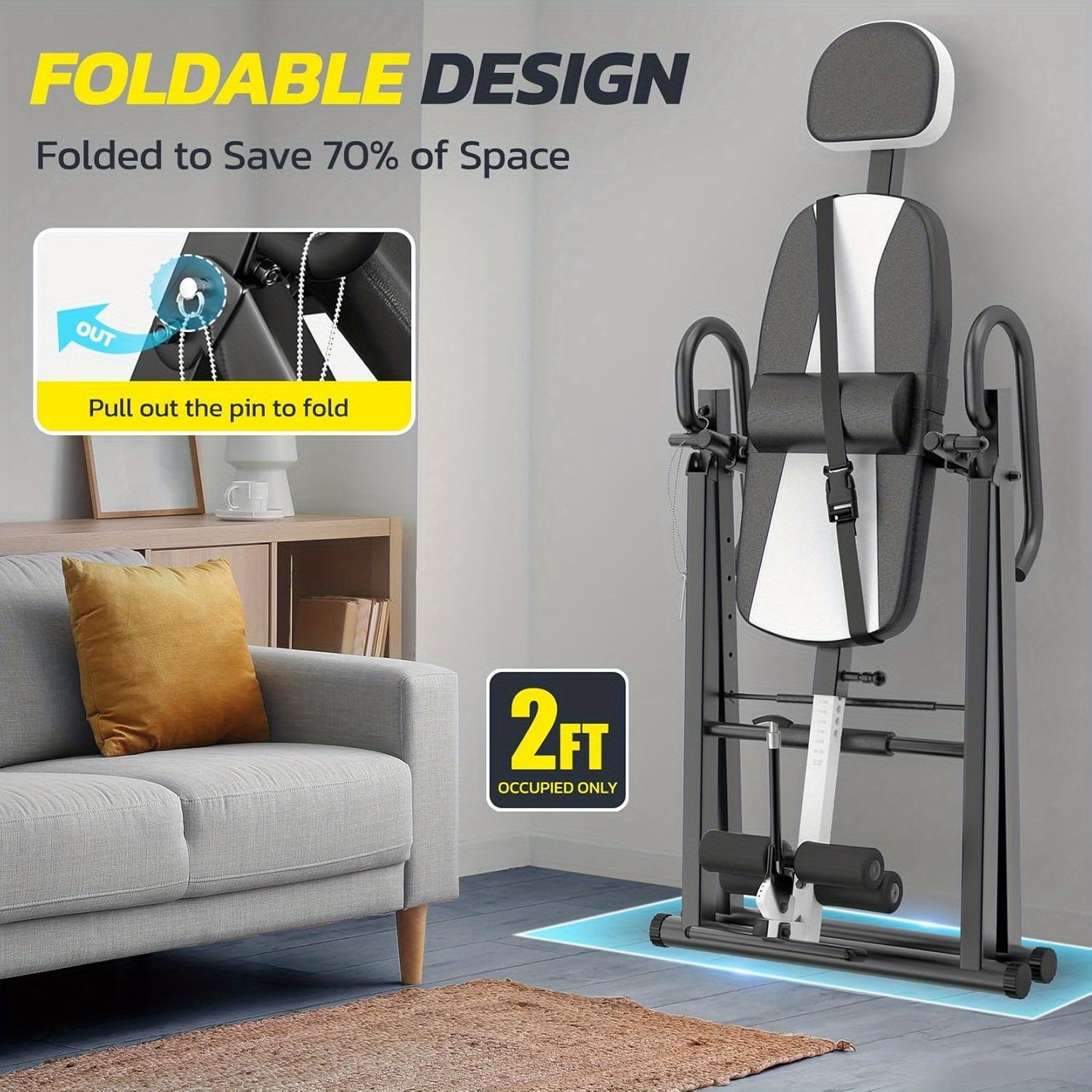 Inversietafel – Inversiebank – Rugtrainer – Stretching Bank – Omkeerbank – Verstelbare Hoek 0-90° – Memory Foam Rugleuning & Veiligheidsgordel – Opvouwbaar Stalen Frame