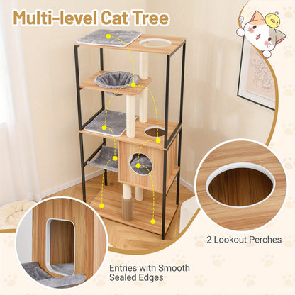 Krabpaal – Kattenpaal – Kattenmeubel – Kattenboom – Klimeiland – 160 cm Hoog – Met Metalen Frame & Ingebouwde Kattenborstel – Natuurlijk Grijs Zwart