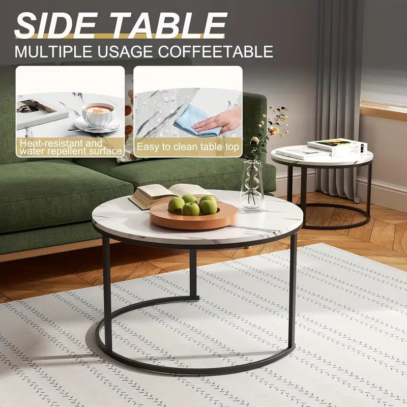 Ronde Bijzettafels – Salontafel – Side Table – Tafel Set – Woonkamertafel – Gouden Accenten – Kunststeen Marmerlook – Ø 80 + 60 cm – Modern Design