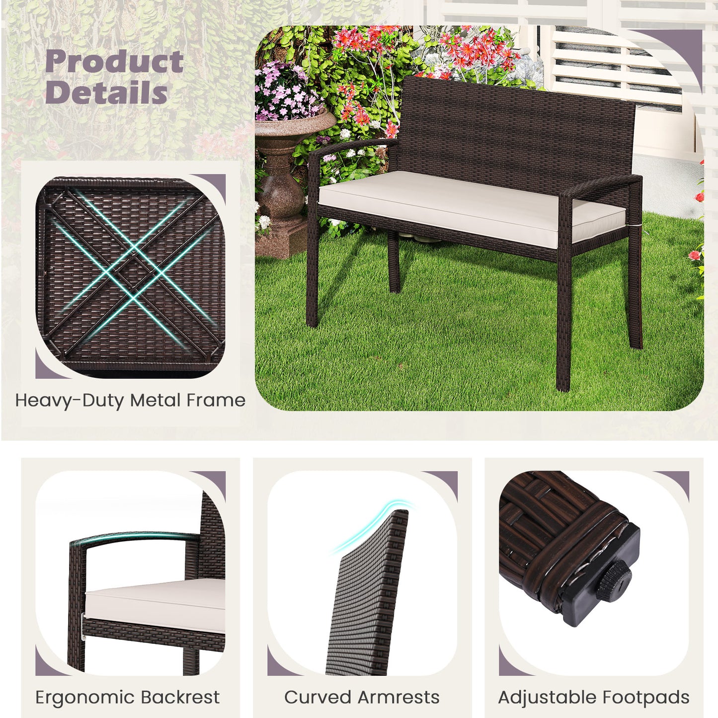 Patio Loveseat – Tweezitsbank – Buitenbank – Rattan Bank – Tuinmeubel – Duurzaam Metalen Frame – Inclusief Zacht Afritsbaar Kussen