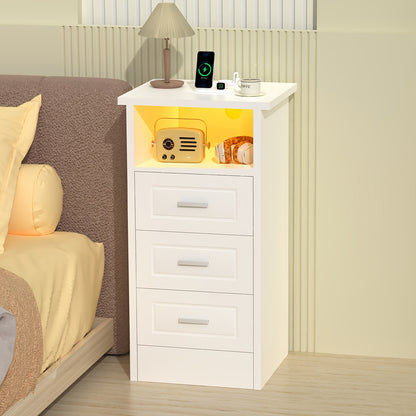 Nachtkast – Bijzettafel – Bedtafeltje – Opbergkast – Nachtkastje – Wit – 3 Lades + Open Vak – USB LED-Verlichting – Compact & Ruimtebesparend