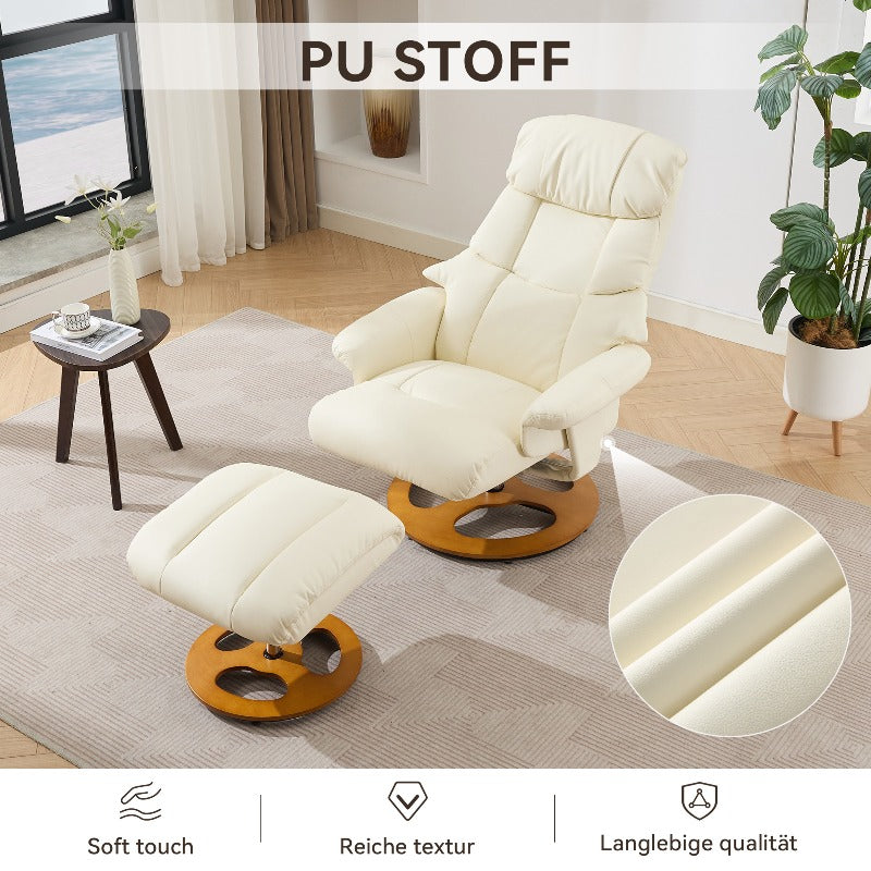 360° Swivel Recliner Chair with Massage & Heat - Heavy-Duty Metal Frame, PU Fabric White Modern Reclining Lounge Chair with Ottoman Footrest, Manual Operation, No Assembly Required, Easy-Clean Surface for Living Room, Home T