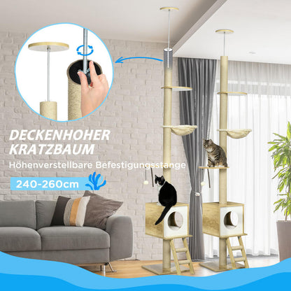 Cat Tree, 49cm, Sisal Scratching Post, Ball Run, Play Ball, Spring, 4-in-1 Design, Oak, White Cat climbing frame, cat tree, cat jumping platform, multifunctional cat tree, cat toy, duplex cat bed, Pet Play Tower, Feline Enric