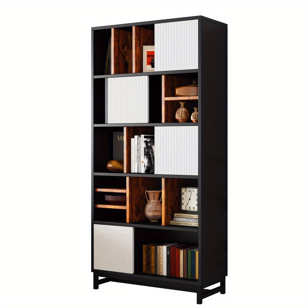 Boekenkast – Boekrek – Boekplank – Opbergkast – Vakkenkast – 5 Planken – 165 cm Hoogte – MDF Houtmateriaal – Wit + Zwart