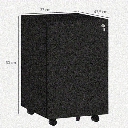 Rolcontainer – Ladeblok – Mobiele Opberger – Kantoorwagentje – Rollende Opbergruimte – Stalen Frame – 3 Laden Met Slot – Zwart 37x43,5x60 cm