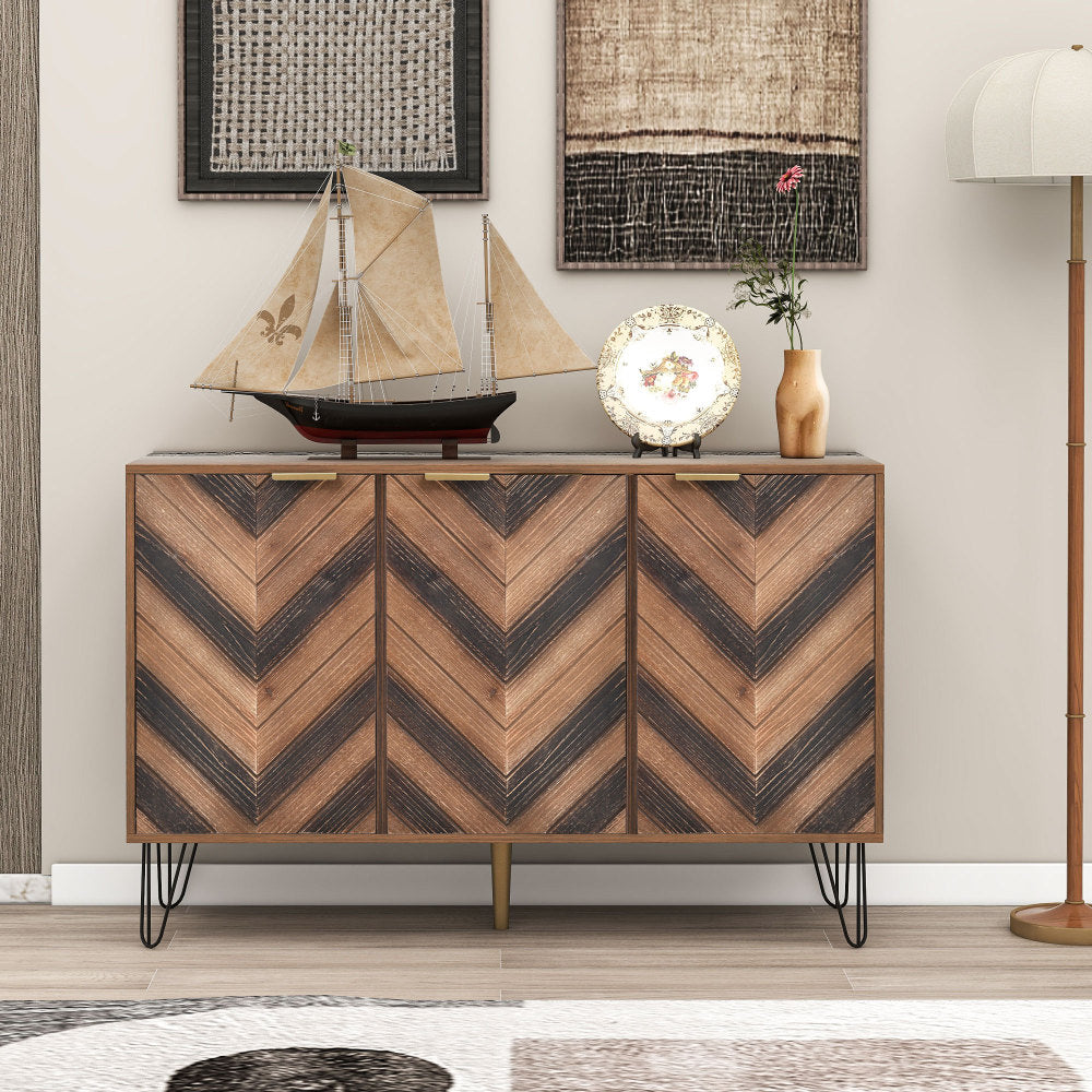 Three-Door Sideboard | Unique Design, Stylish Details, Ample Storage Space, Solid Wood Veneer Doors with Textured Surface, Veneered Interior, Includes Small Cabinet with Golden Accents