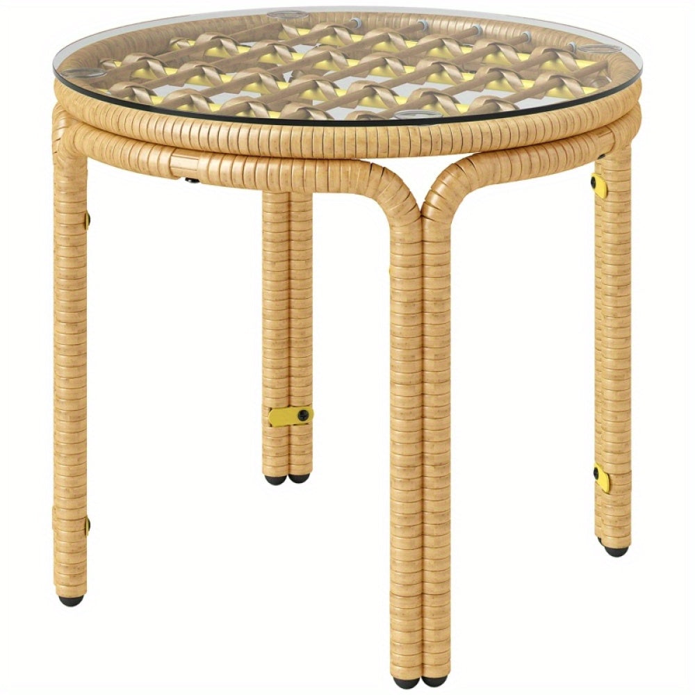 Bijzettafel – Sidetable – Nachtkastje – Salontafel – Banktafel – Rond Polyrattan – Geel – Glasblad – Ø50 cm – Weerbestendig – Eenvoudige Montage