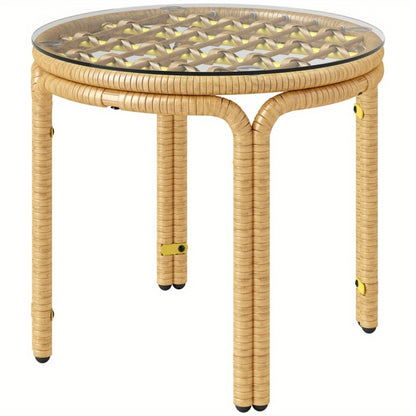 Bijzettafel – Sidetable – Nachtkastje – Salontafel – Banktafel – Rond Polyrattan – Geel – Glasblad – Ø50 cm – Weerbestendig – Eenvoudige Montage