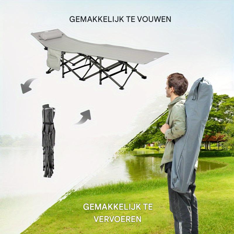 Campingbed – Campingbedje – Opvouwbaar Bed – Logeerbed – Reissbed – Lichtgrijs – Draagbaar Met Kussen – Gewichtscapaciteit 150 Kg